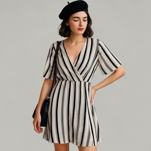 Billabong Midi Open Back Dress L Black Stripe Parisian Coastal Flutter Sleeve